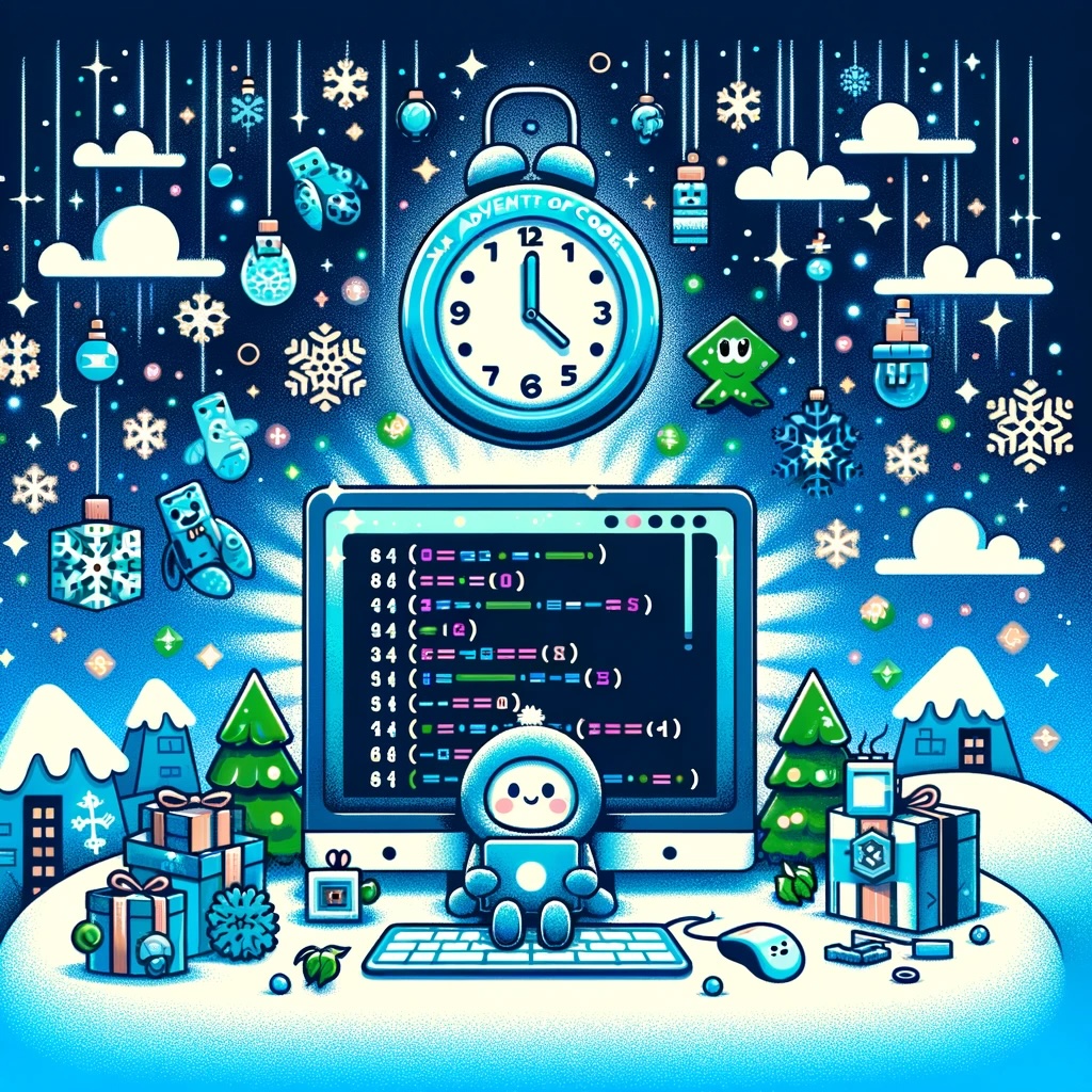 Illustration mit Schneeflocken, Geschenken und Computer